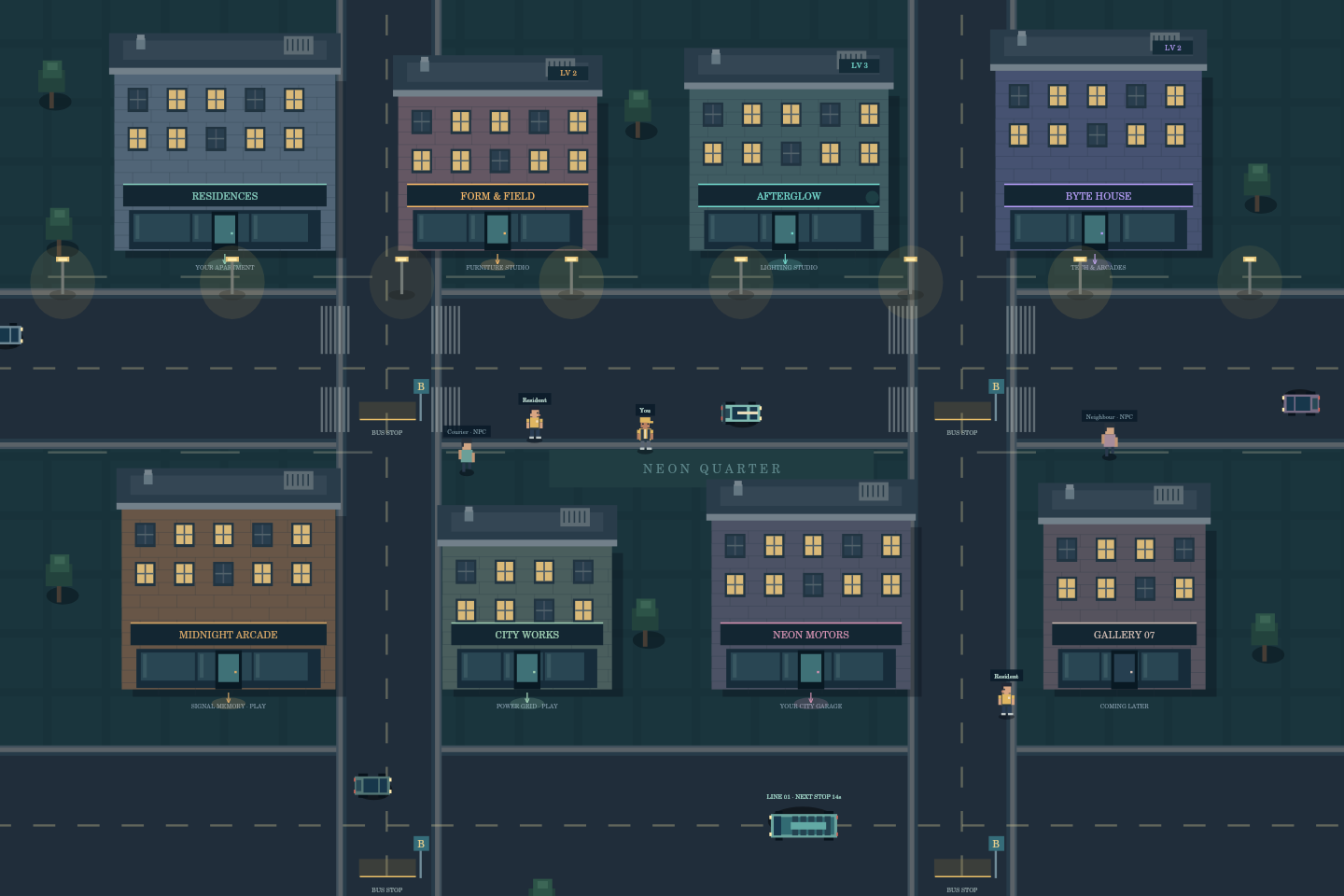 Actual game renderer showing Neon Quarter streets, shops, buses and residents